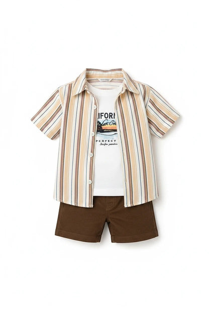 The Nile Luxuries toddler boy 3-piece summer set with striped button-down, graphic tee, and brown shorts.