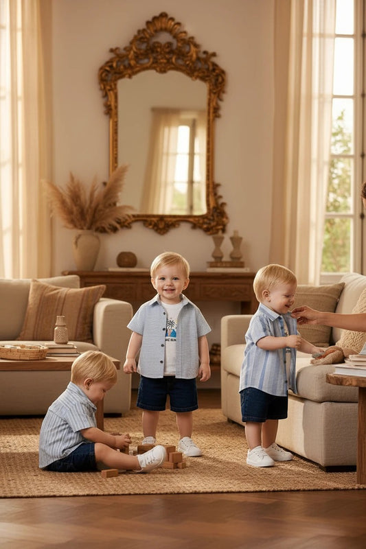 Toddler boys wearing The Nile Luxuries summer outfit set with striped button-down shirts, graphic tees, and denim shorts