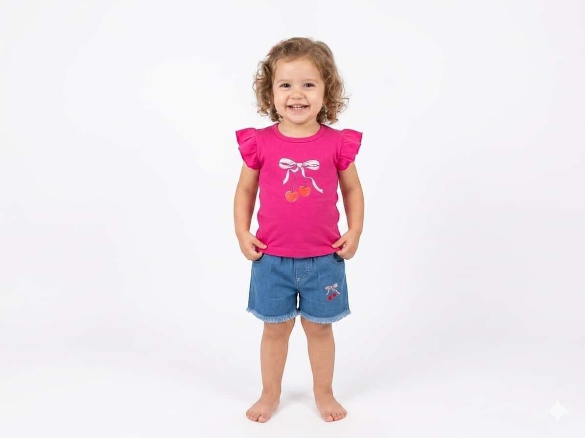 Toddler girl wearing The Nile Luxuries pink flutter-sleeve cherry graphic t-shirt and frayed denim shorts set.