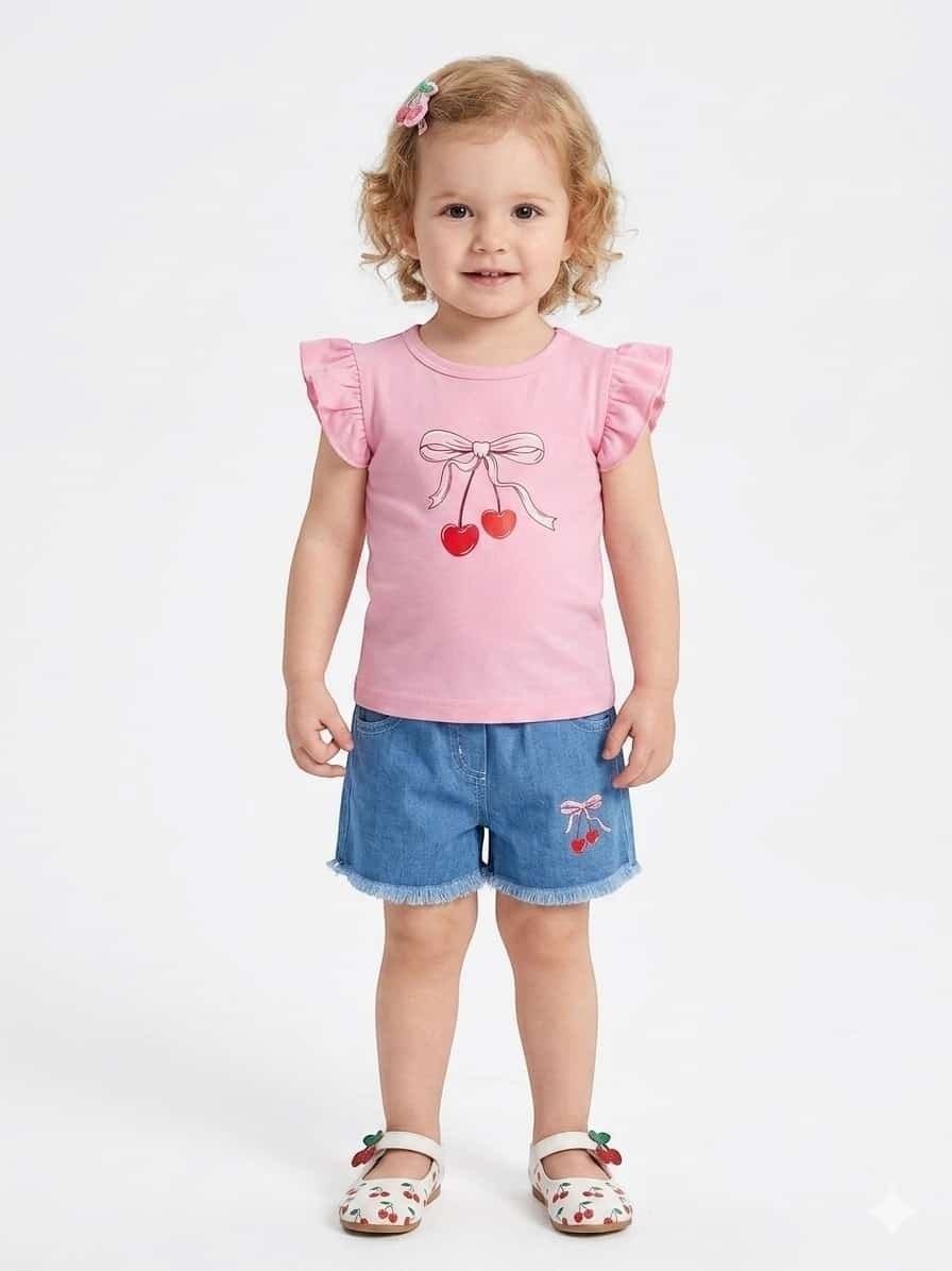 Toddler girl wearing The Nile Luxuries pink flutter-sleeve cherry graphic t-shirt and frayed denim shorts set.