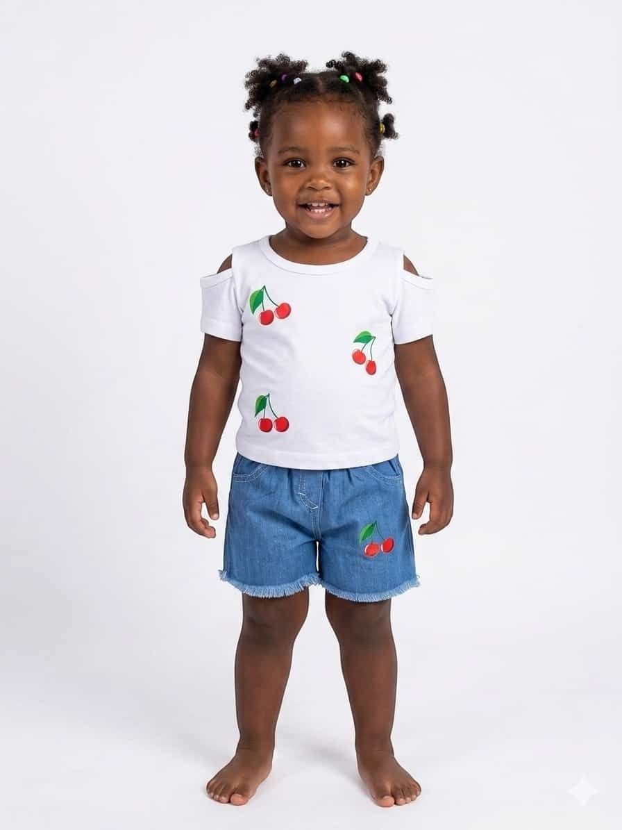 Toddler girl wearing The Nile Luxuries white cold-shoulder cherry print t-shirt and frayed denim shorts set.
