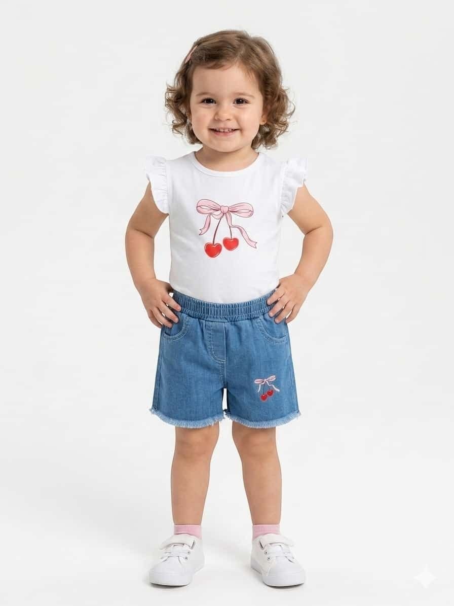 Toddler girl wearing The Nile Luxuries white flutter-sleeve cherry graphic t-shirt and frayed denim shorts set.