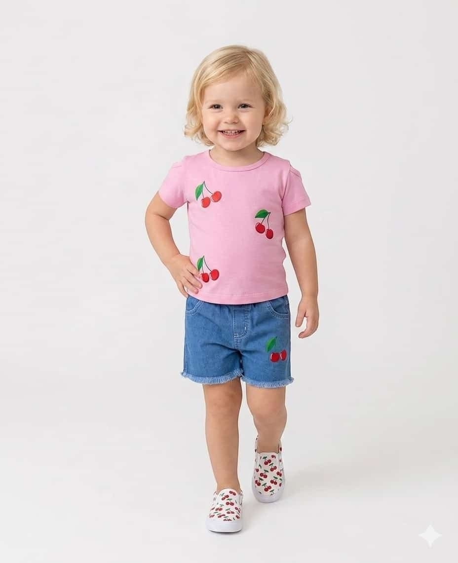 Toddler girl wearing The Nile Luxuries pink cherry print t-shirt and denim shorts with frayed hem on white background