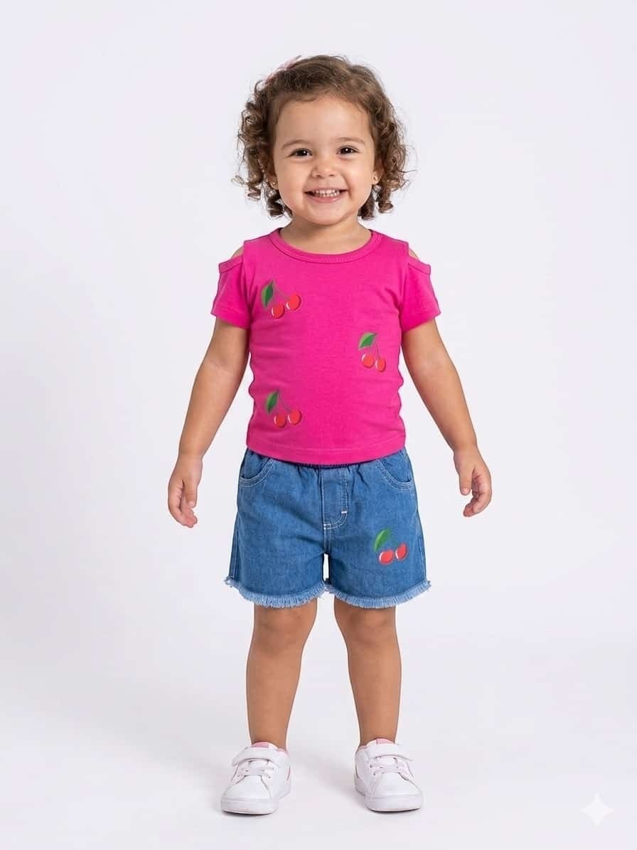 Toddler girl wearing The Nile Luxuries pink cold-shoulder cherry print t-shirt and frayed denim shorts.