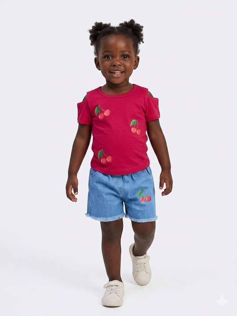 Toddler girl wearing The Nile Luxuries cherry print cold-shoulder top and frayed denim shorts set.