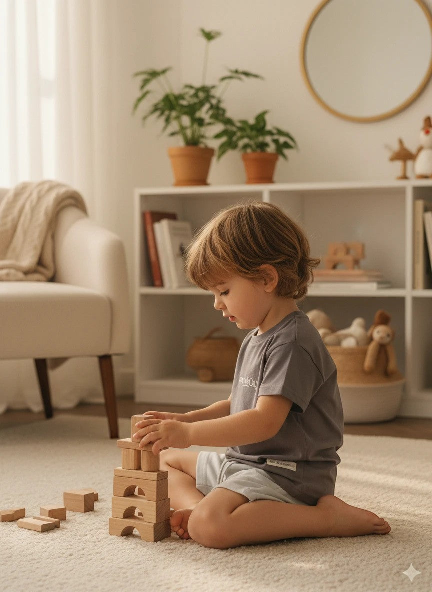 The Nile Luxuries toddler wearing a grey cotton t-shirt and light shorts playing with wooden blocks in a bright room.