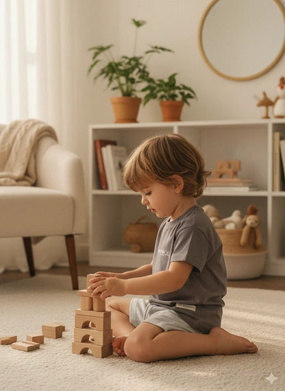 The Nile Luxuries toddler wearing a grey cotton t-shirt and light shorts playing with wooden blocks in a bright room.