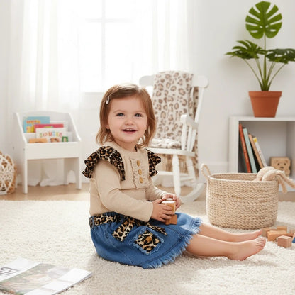 The Nile Luxuries toddler girl outfit with beige ribbed ruffled top, denim skirt with leopard belt, and headband.