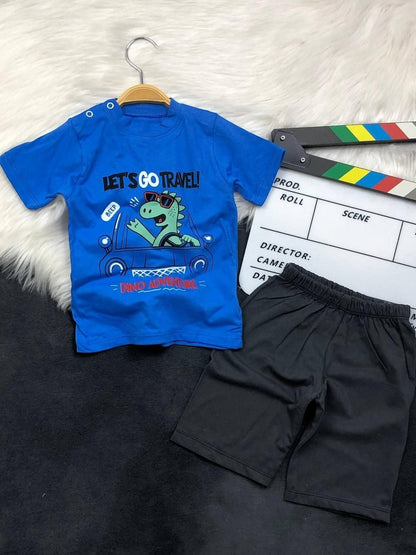 The Nile Luxuries toddler boys blue dinosaur graphic t-shirt with shoulder snaps and black elastic waist shorts set.