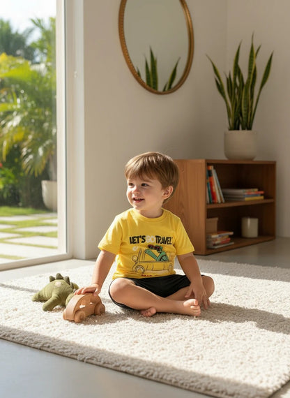 Toddler boy wearing a The Nile Luxuries yellow dinosaur graphic t-shirt and black shorts, sitting on a rug.