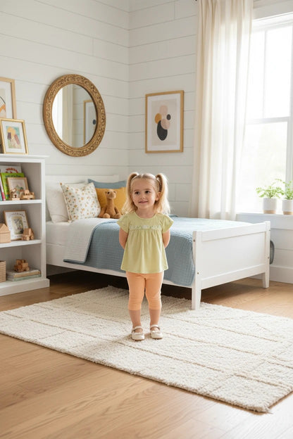 Toddler girl wearing The Nile Luxuries embroidered sage green top and peach capri leggings in a bright bedroom.