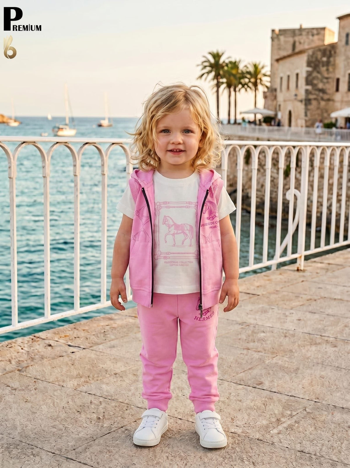 Toddler wearing a The Nile Luxuries pink equestrian vest, white graphic t-shirt, and joggers by a coastal promenade.