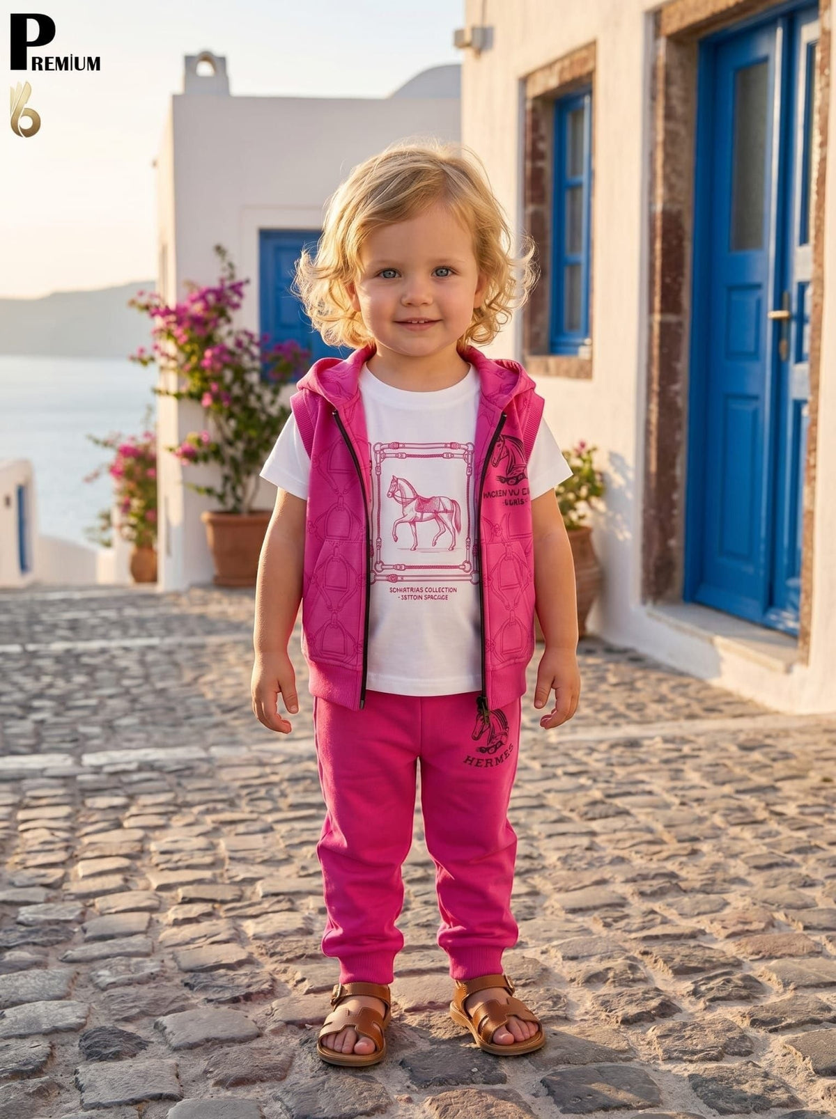 Toddler wearing The Nile Luxuries pink equestrian vest, white graphic t-shirt, and joggers on a cobblestone street.