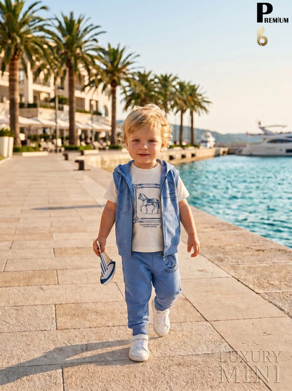 Toddler boy wearing The Nile Luxuries blue equestrian three-piece set with graphic t-shirt, vest, and joggers.