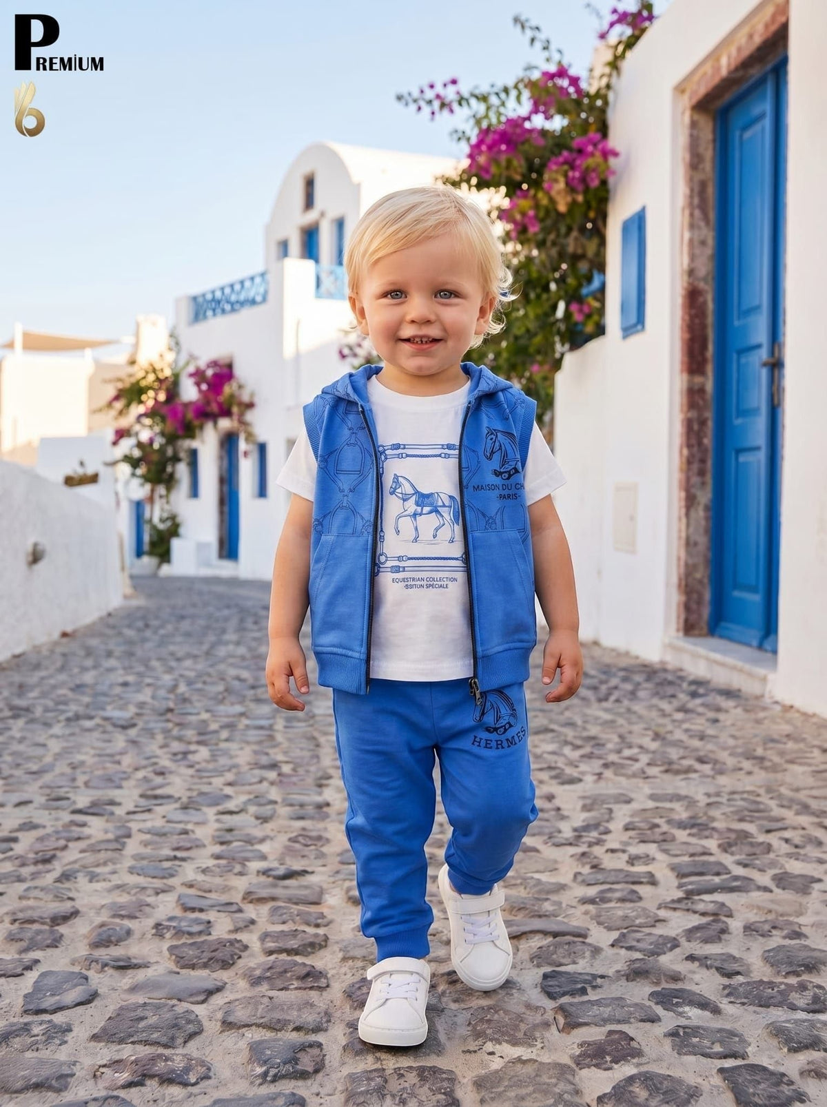 Toddler boy wearing The Nile Luxuries royal blue equestrian vest, white graphic t-shirt, and joggers on a cobblestone street.