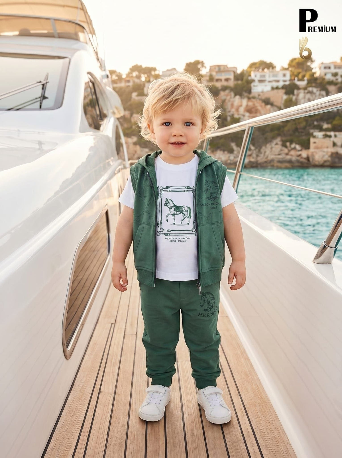 Toddler boy wearing The Nile Luxuries forest green equestrian vest, joggers, and white graphic t-shirt on a yacht.
