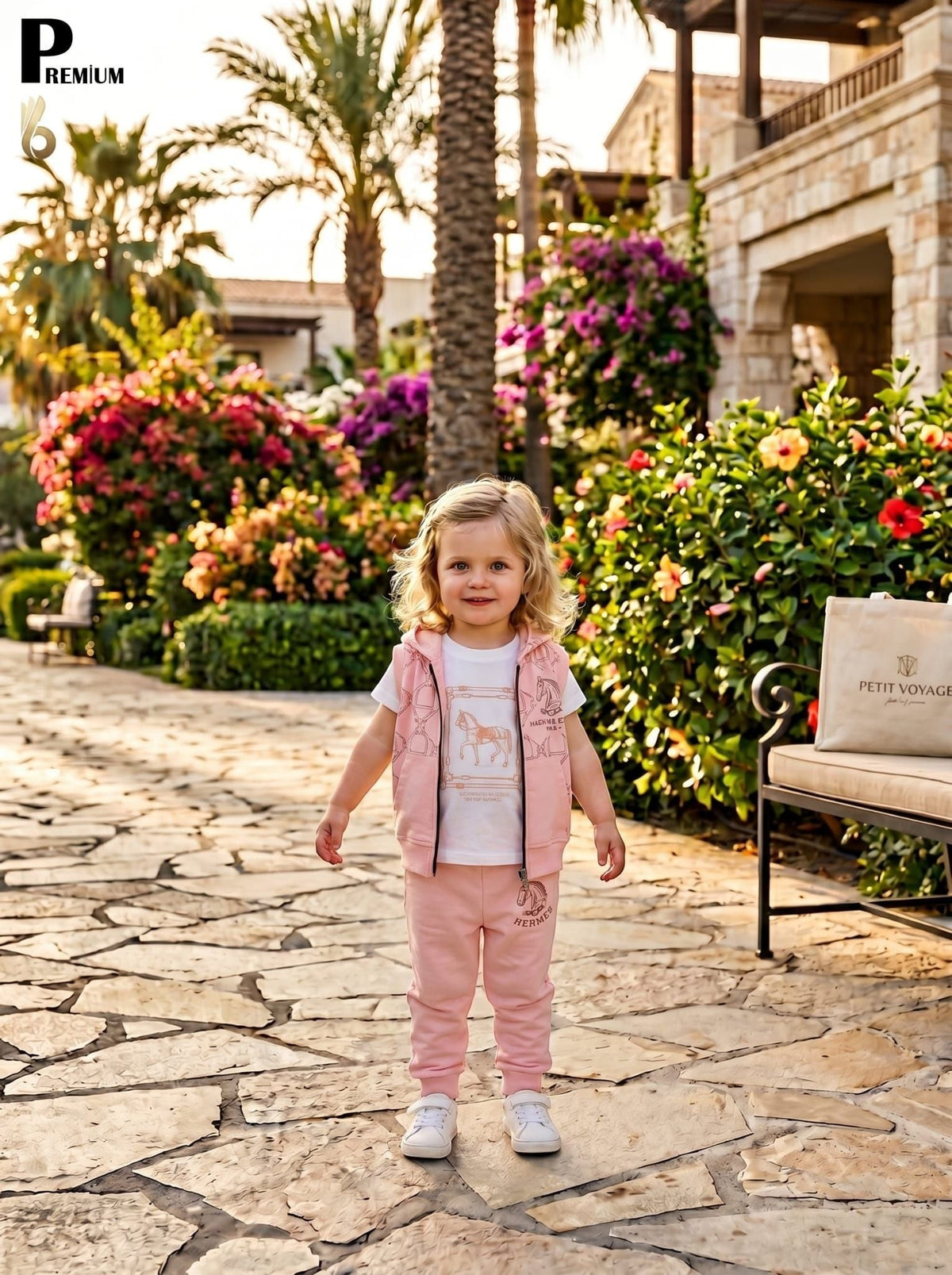 Toddler wearing The Nile Luxuries pink equestrian vest, white graphic t-shirt, and joggers in a sunny garden setting.