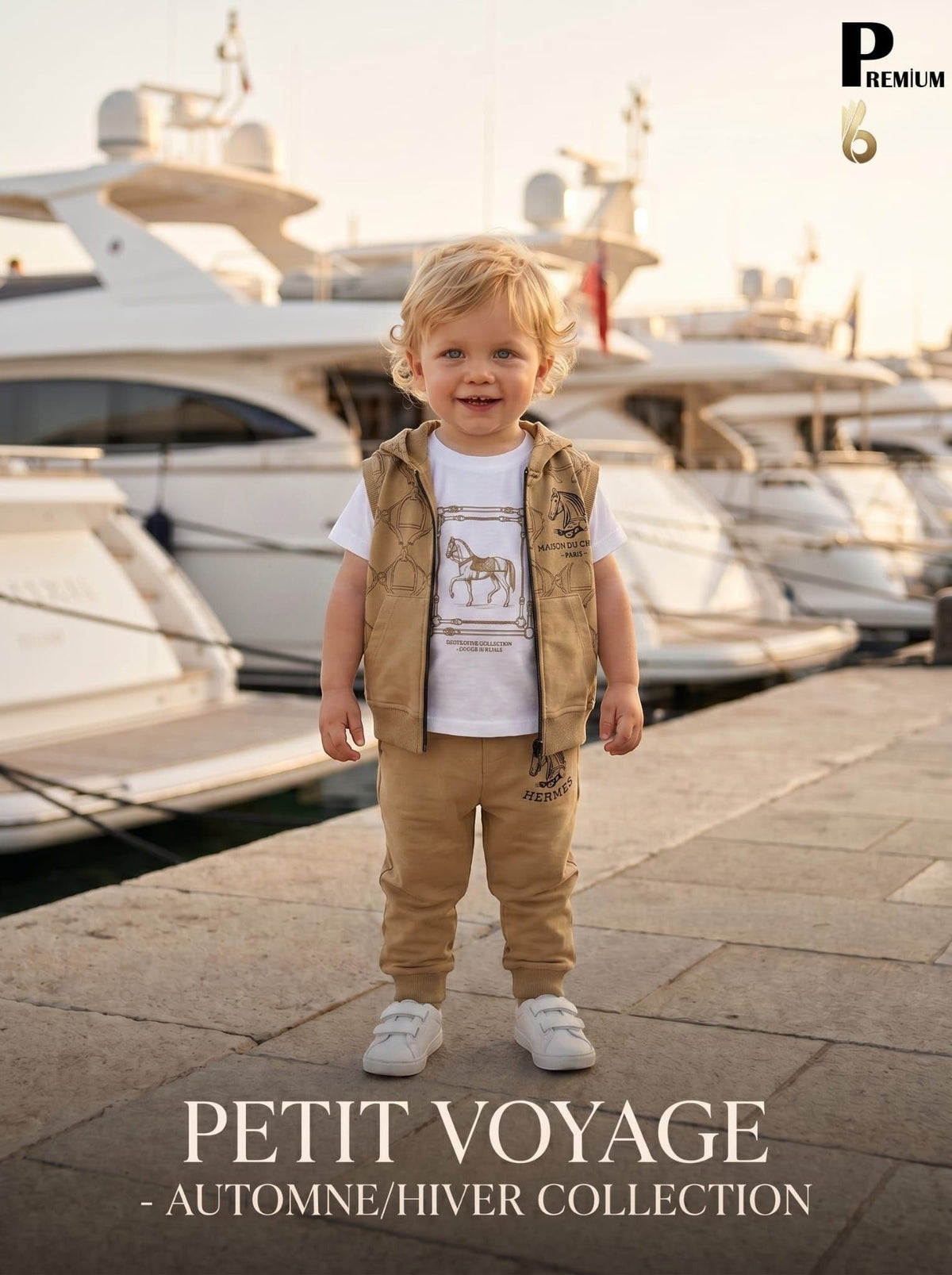 Toddler wearing The Nile Luxuries tan equestrian three-piece set with white t-shirt and vest at a marina.