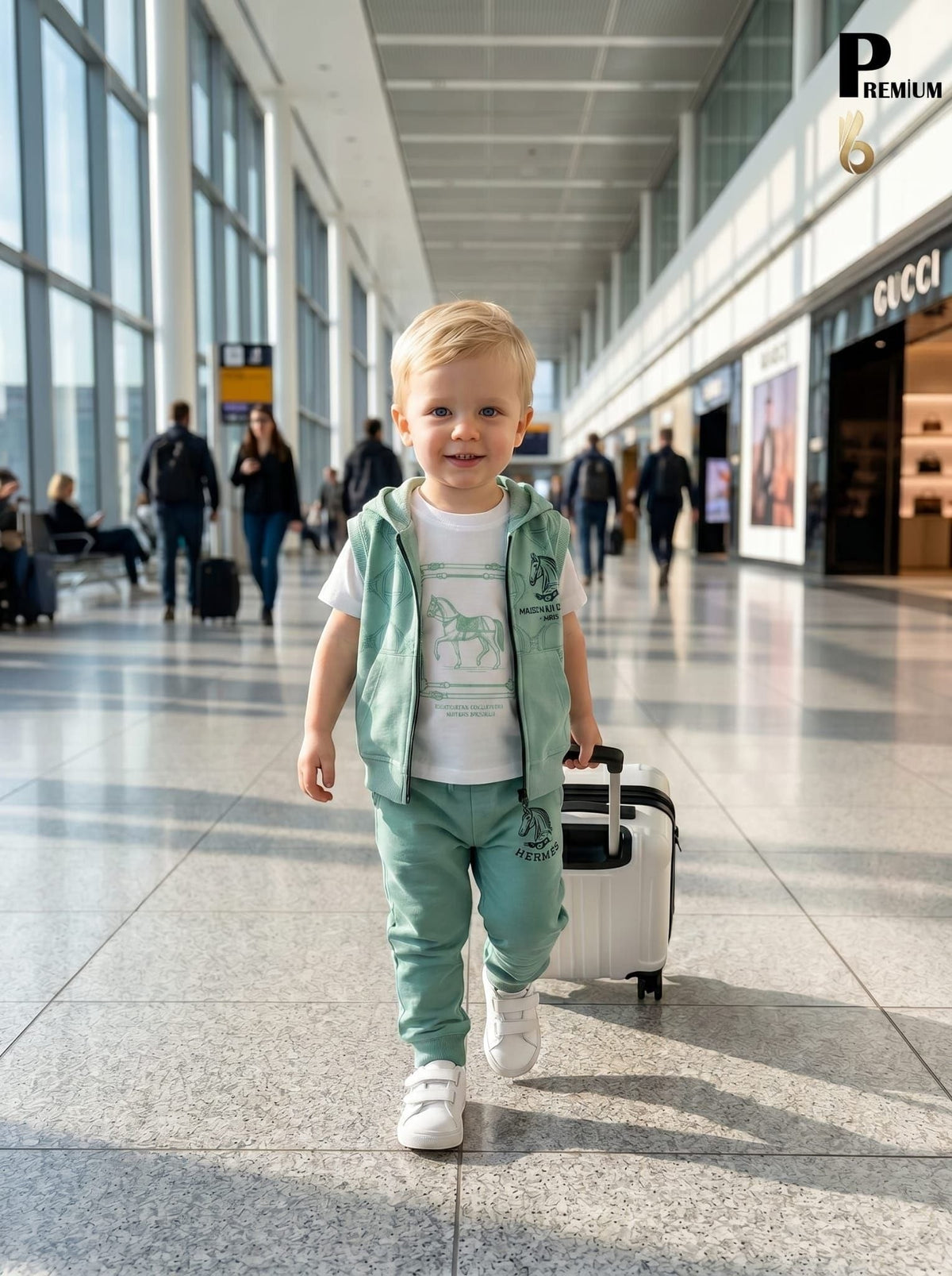 Toddler wearing The Nile Luxuries green equestrian vest, t-shirt, and joggers, walking with a suitcase in an airport.