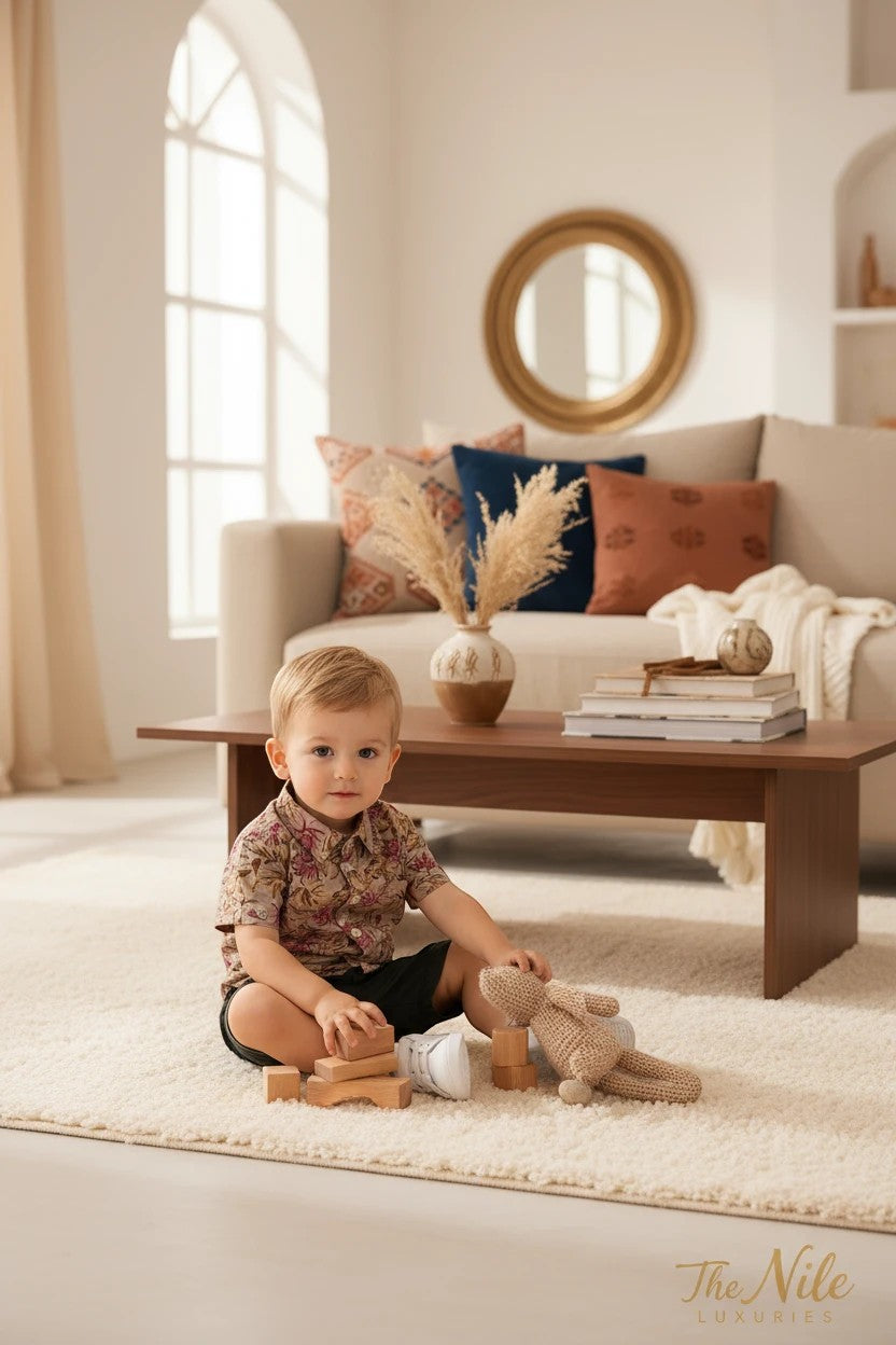 Toddler boy wearing The Nile Luxuries floral shirt and olive shorts, playing with wooden blocks in a cozy living room.