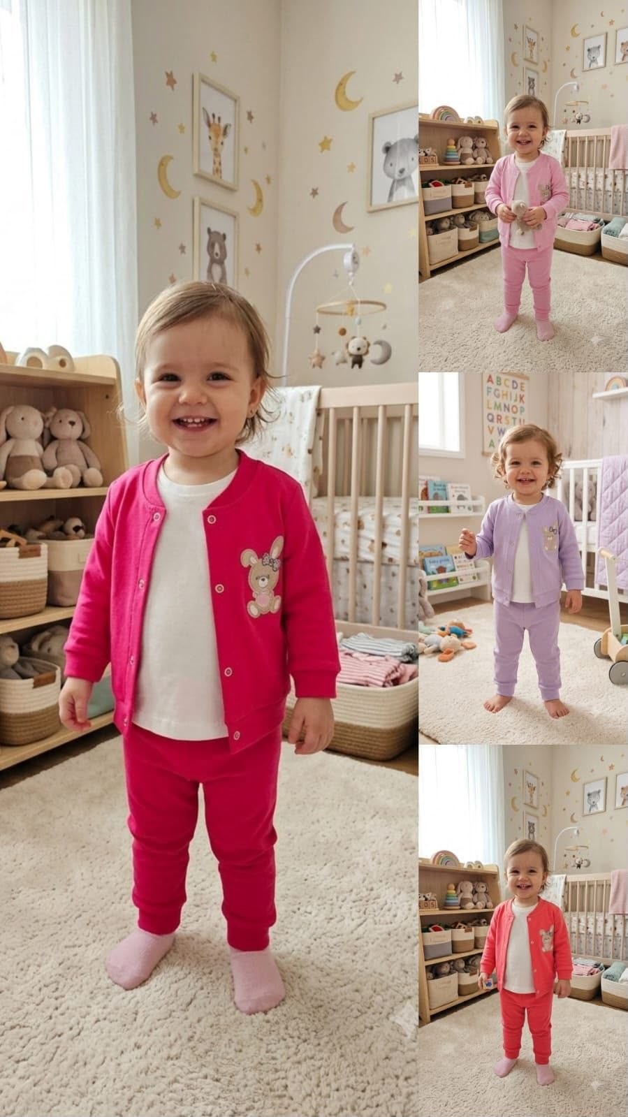 The Nile Luxuries toddler girl lounge set with cardigan, white t-shirt, and joggers featuring teddy bear embroidery.