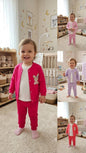 The Nile Luxuries toddler girl lounge set with cardigan, white t-shirt, and joggers featuring teddy bear embroidery.