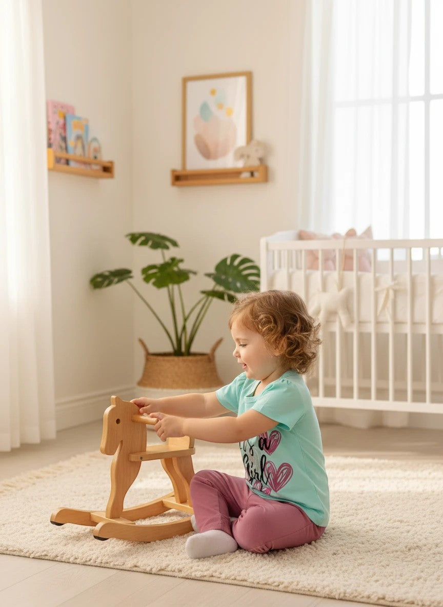 The Nile Luxuries toddler girl wearing a mint graphic t-shirt and mauve leggings playing with a wooden rocking horse.