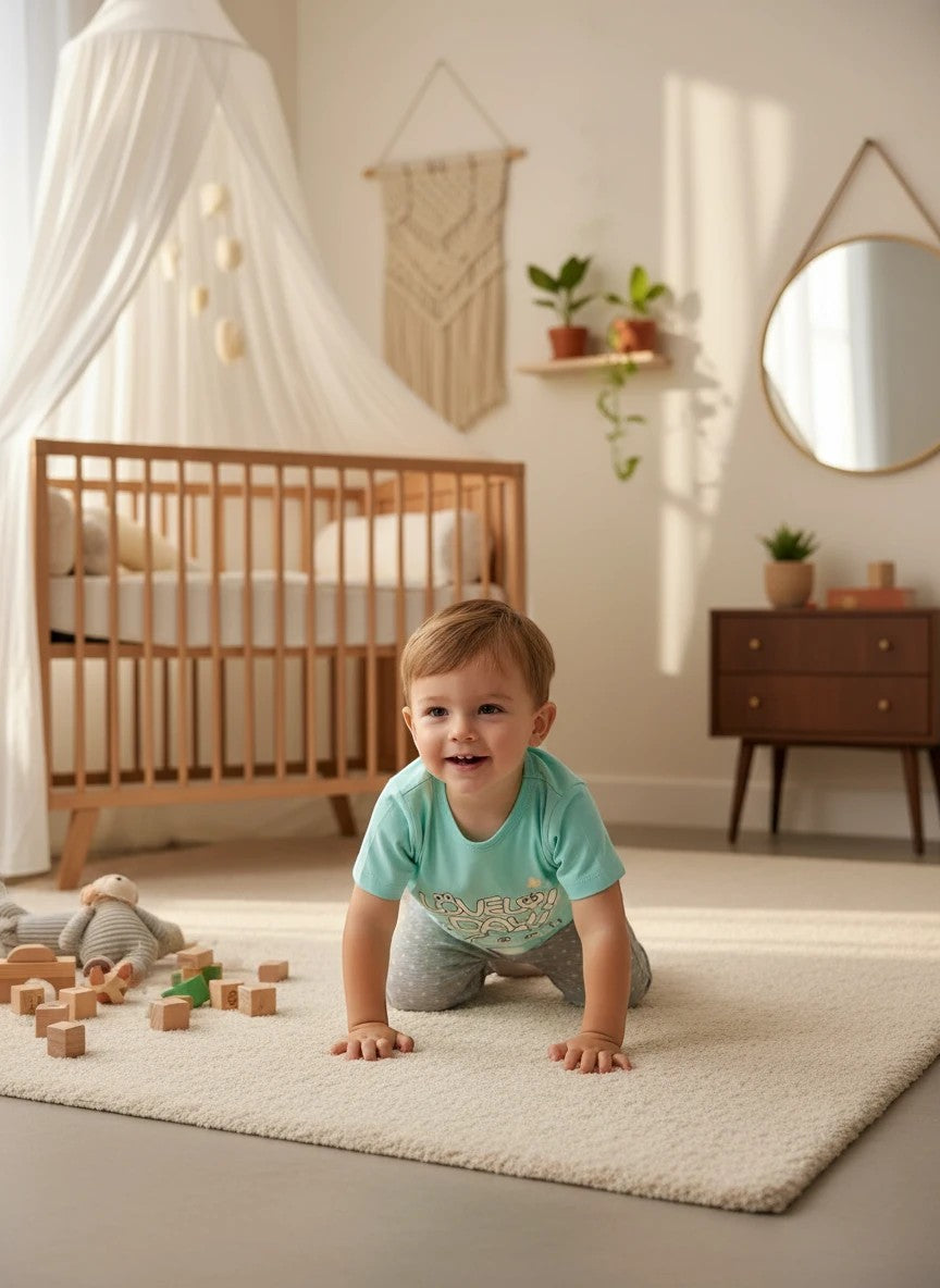 The Nile Luxuries toddler outfit with a mint green graphic t-shirt and grey polka-dot leggings worn by a crawling child