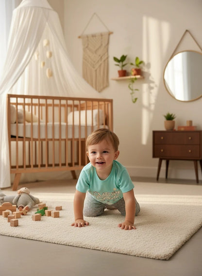 The Nile Luxuries toddler outfit with a mint green graphic t-shirt and grey polka-dot leggings worn by a crawling child