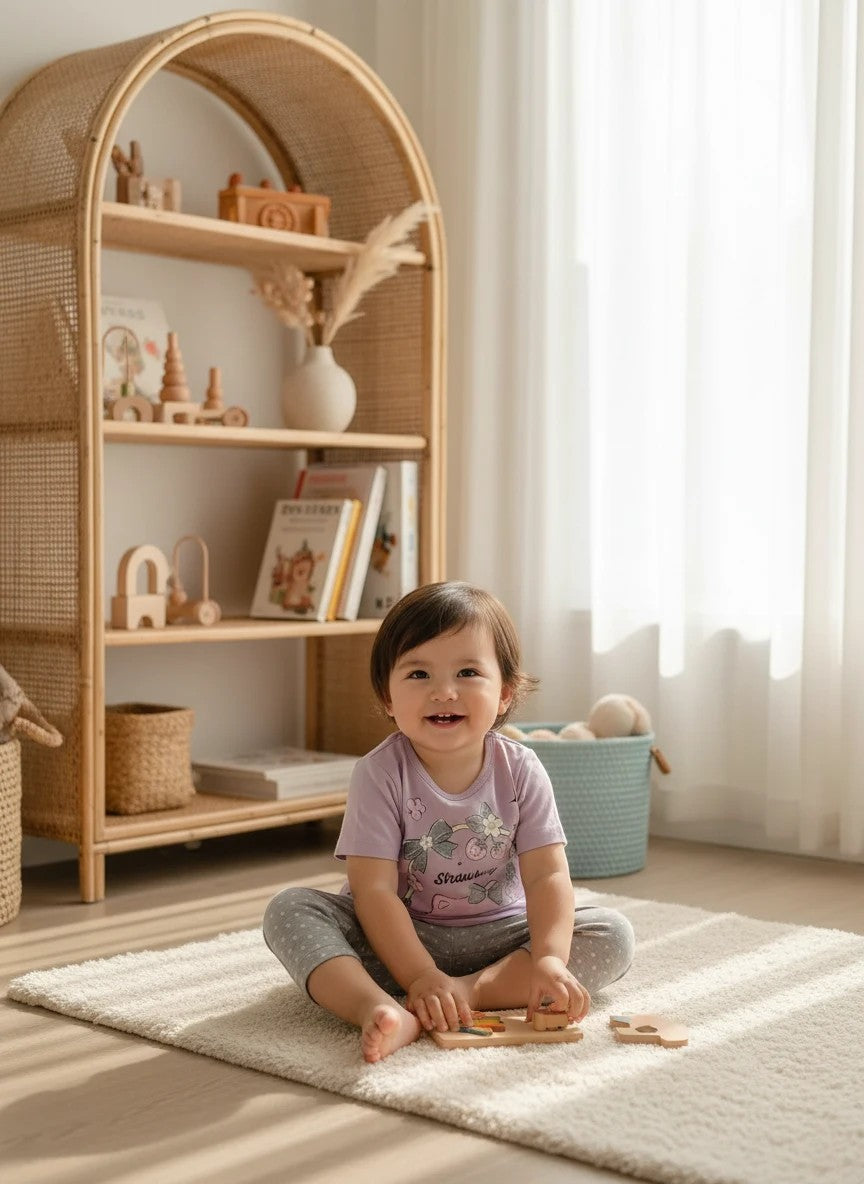 The Nile Luxuries toddler wearing a light purple kitten graphic t-shirt and grey polka dot pants playing on a rug.