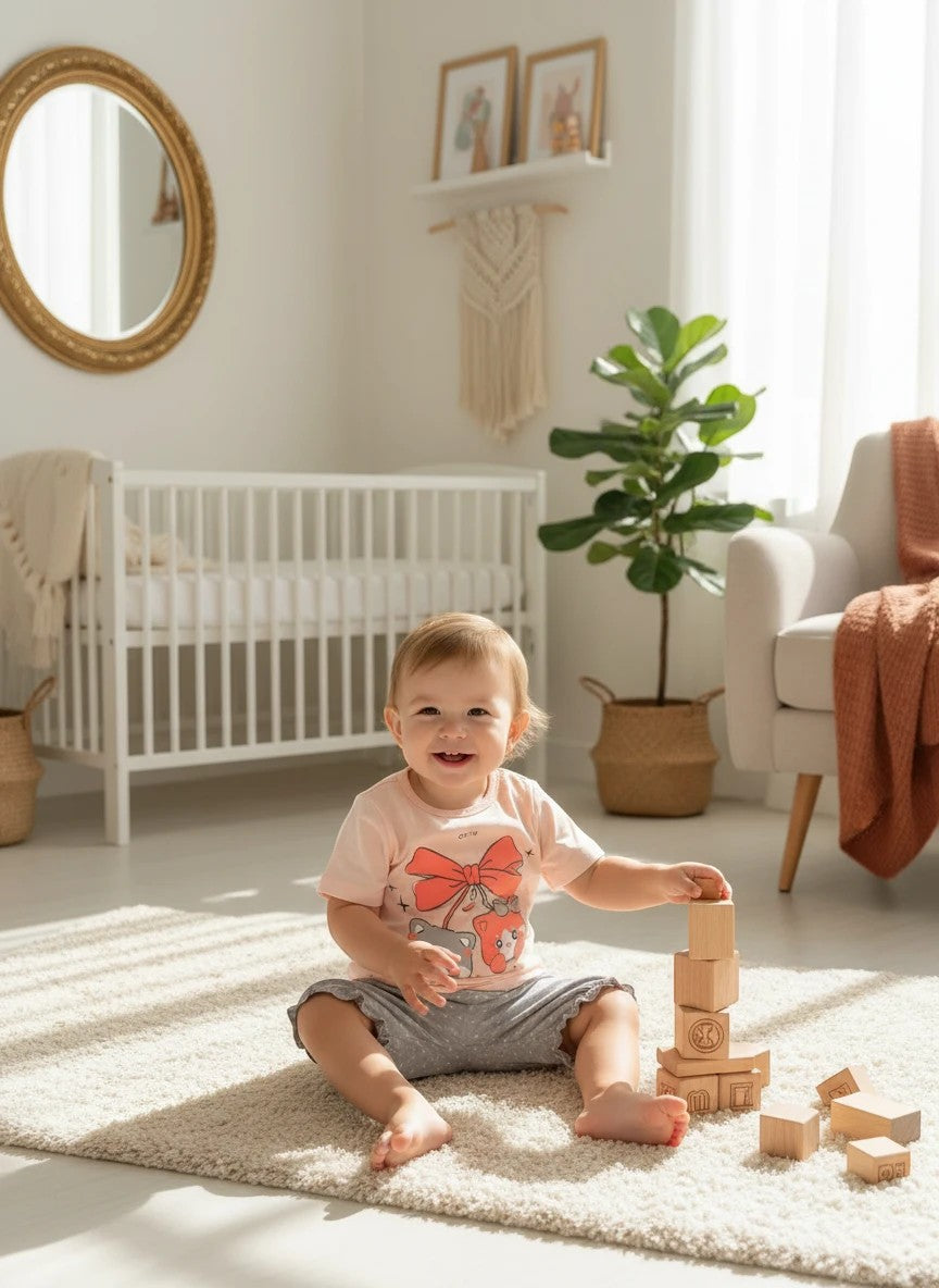 The Nile Luxuries toddler outfit with a kitten graphic t-shirt and grey polka-dot bloomers worn by a smiling child.
