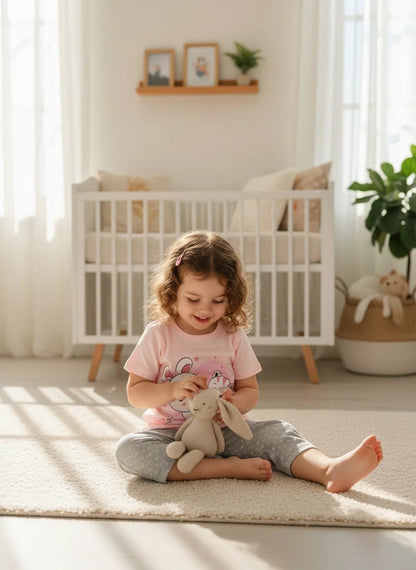The Nile Luxuries toddler lounge set with a pink graphic t-shirt and grey polka-dot cropped leggings on a young girl.
