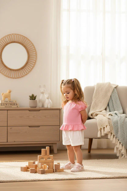 Toddler girl wearing a pink peplum top and white shorts by The Nile Luxuries, playing with wooden blocks in a room.