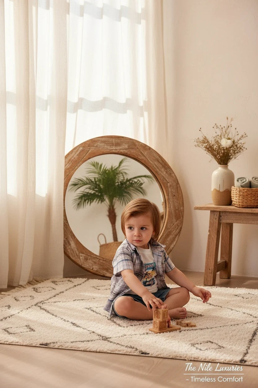Toddler boy wearing a The Nile Luxuries plaid shirt, graphic tee, and denim shorts, playing on a rug in a sunlit room.