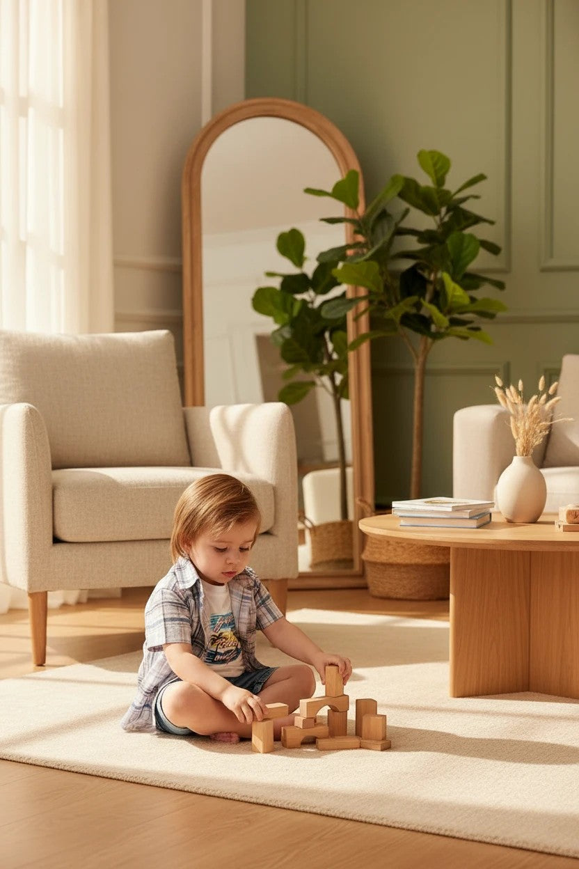 Toddler boy wearing The Nile Luxuries plaid shirt, graphic tee, and denim shorts playing with wooden blocks in a room.