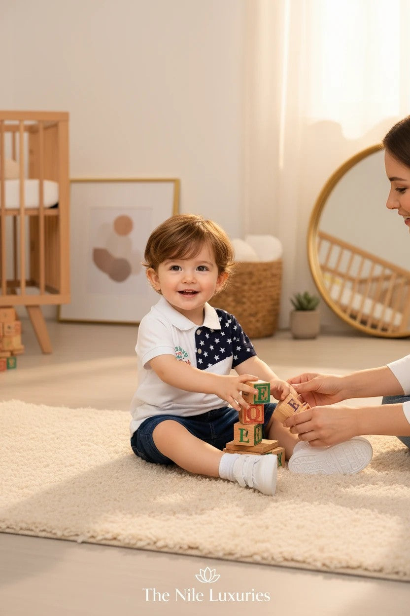 Toddler boy wearing The Nile Luxuries white color-blocked polo shirt with star print and denim shorts playing with blocks