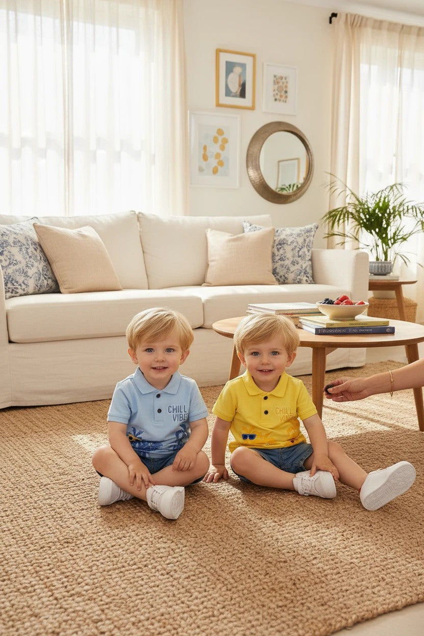 Two toddlers wearing The Nile Luxuries blue and yellow tropical polo shirts with denim shorts in a bright living room.