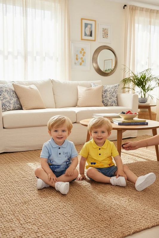 Two toddlers wearing The Nile Luxuries blue and yellow tropical polo shirts with denim shorts in a bright living room.