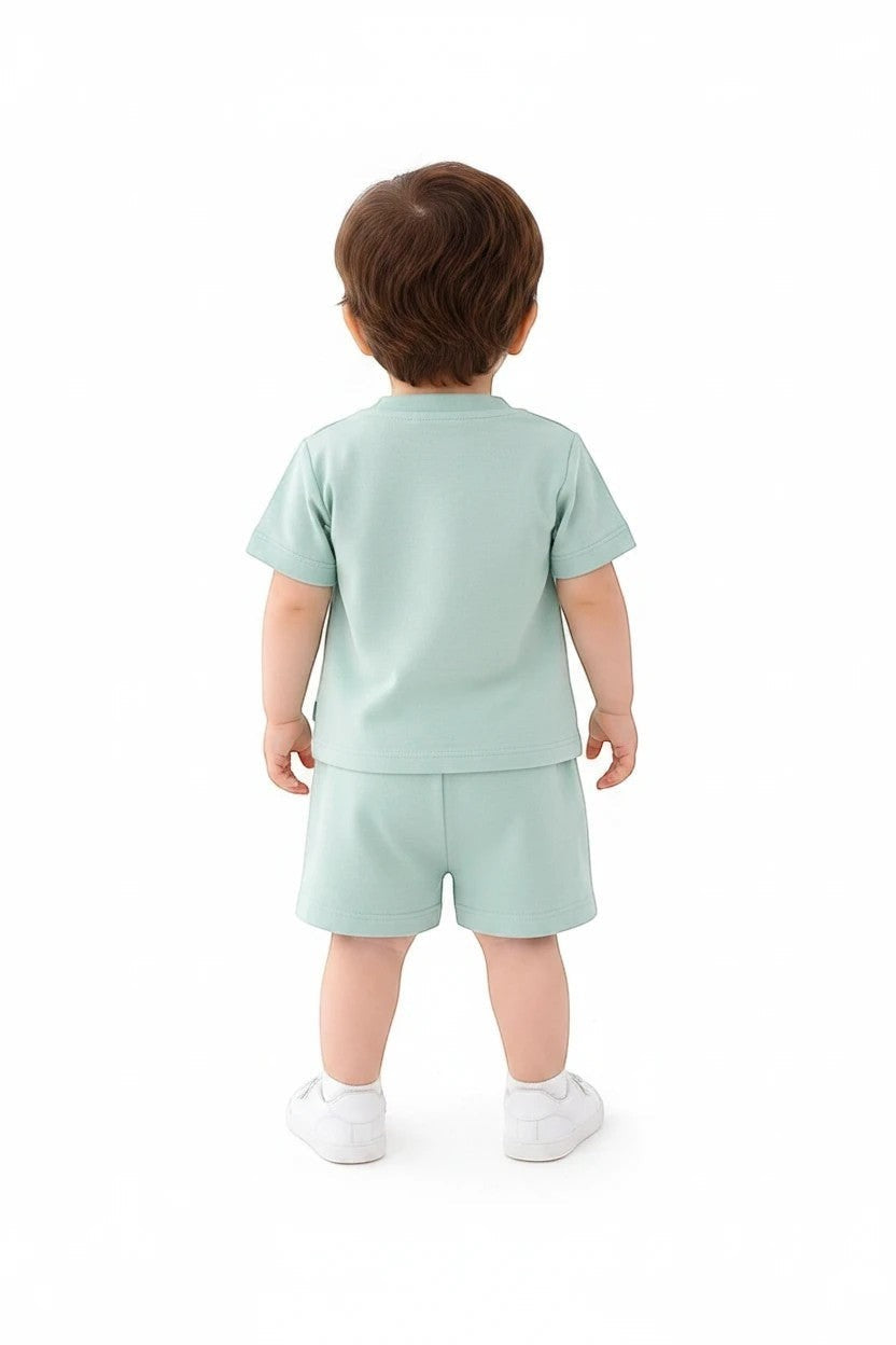 Toddler boy wearing The Nile Luxuries sage green short sleeve shirt and shorts set, back view on white background.