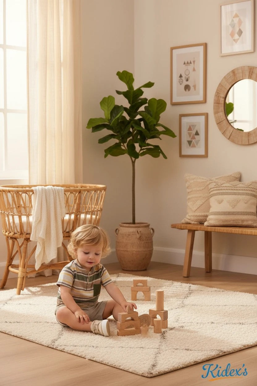 Toddler boy wearing The Nile Luxuries striped henley shirt and shorts set, playing with wooden blocks in a nursery.