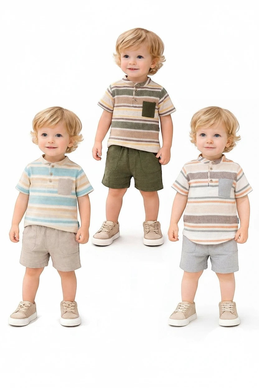 The Nile Luxuries toddler boy striped henley shirt and shorts sets in three earthy color combinations.