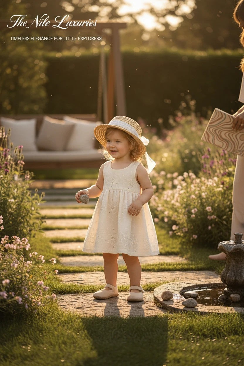 Toddler girl wearing a cream sleeveless dress and straw sun hat from The Nile Luxuries in a sunny garden setting.