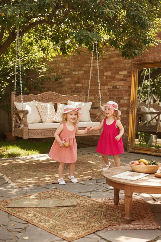 Two toddlers wearing The Nile Luxuries sleeveless summer dresses and matching sun hats with bows in a garden setting.