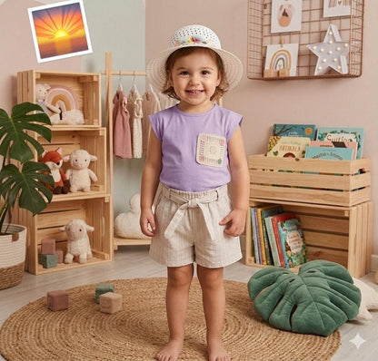 The Nile Luxuries toddler summer outfit with a lilac cap-sleeve top, striped linen shorts, and a floral sun hat.