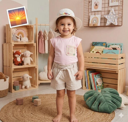 The Nile Luxuries toddler outfit with a pink cap-sleeve top, striped linen shorts, and a floral sun hat in a nursery.