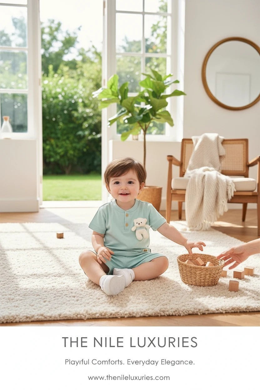 The Nile Luxuries toddler set featuring a sage green henley shirt with a plush teddy bear and matching shorts.