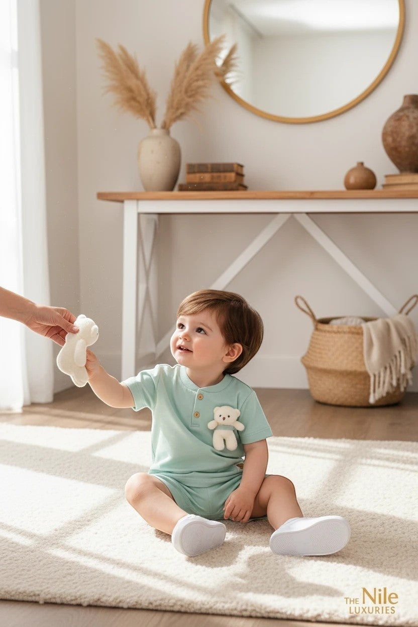 Toddler boy wearing a mint green The Nile Luxuries henley shirt and shorts set with a plush teddy bear appliqué.
