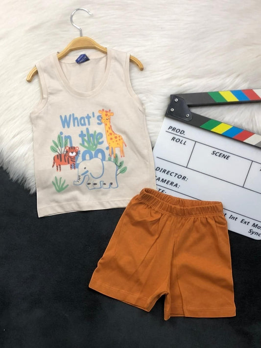 The Nile Luxuries toddler tank top and shorts set with zoo animal graphic in beige and orange