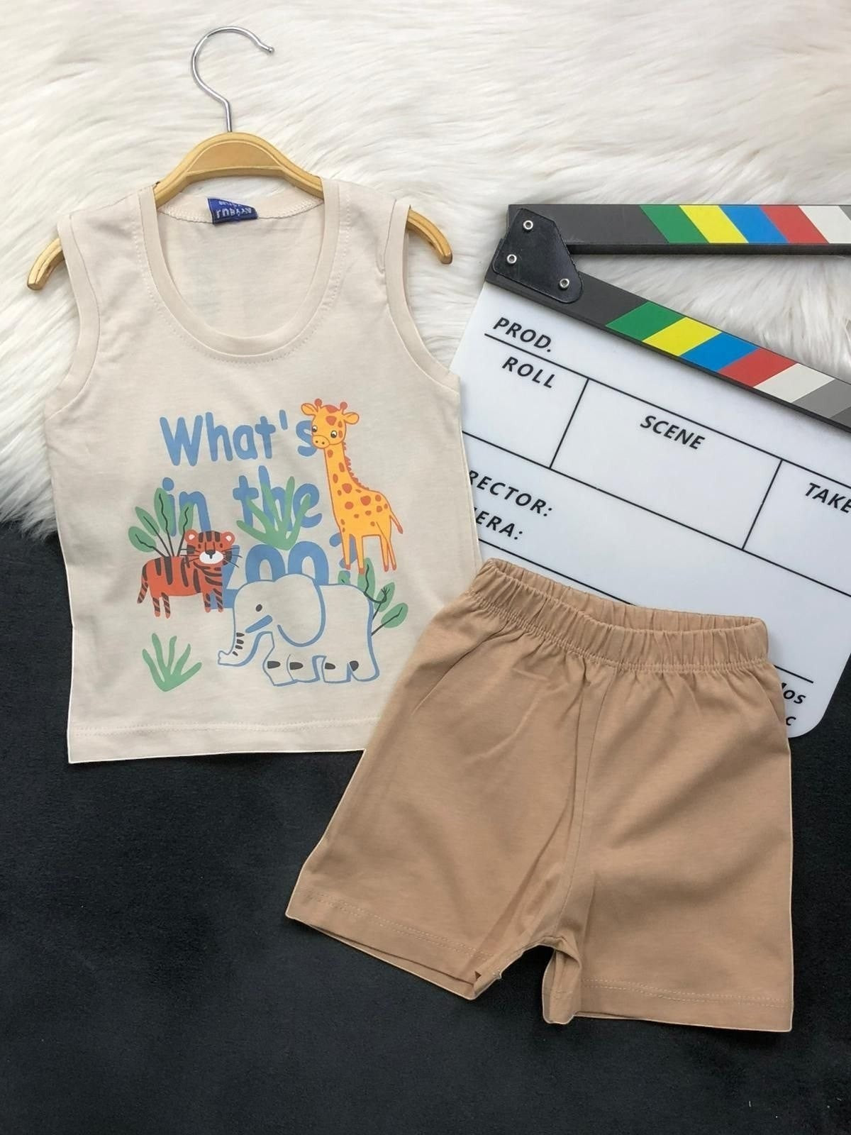 The Nile Luxuries toddler tank top and shorts set with zoo animal graphic in beige and tan