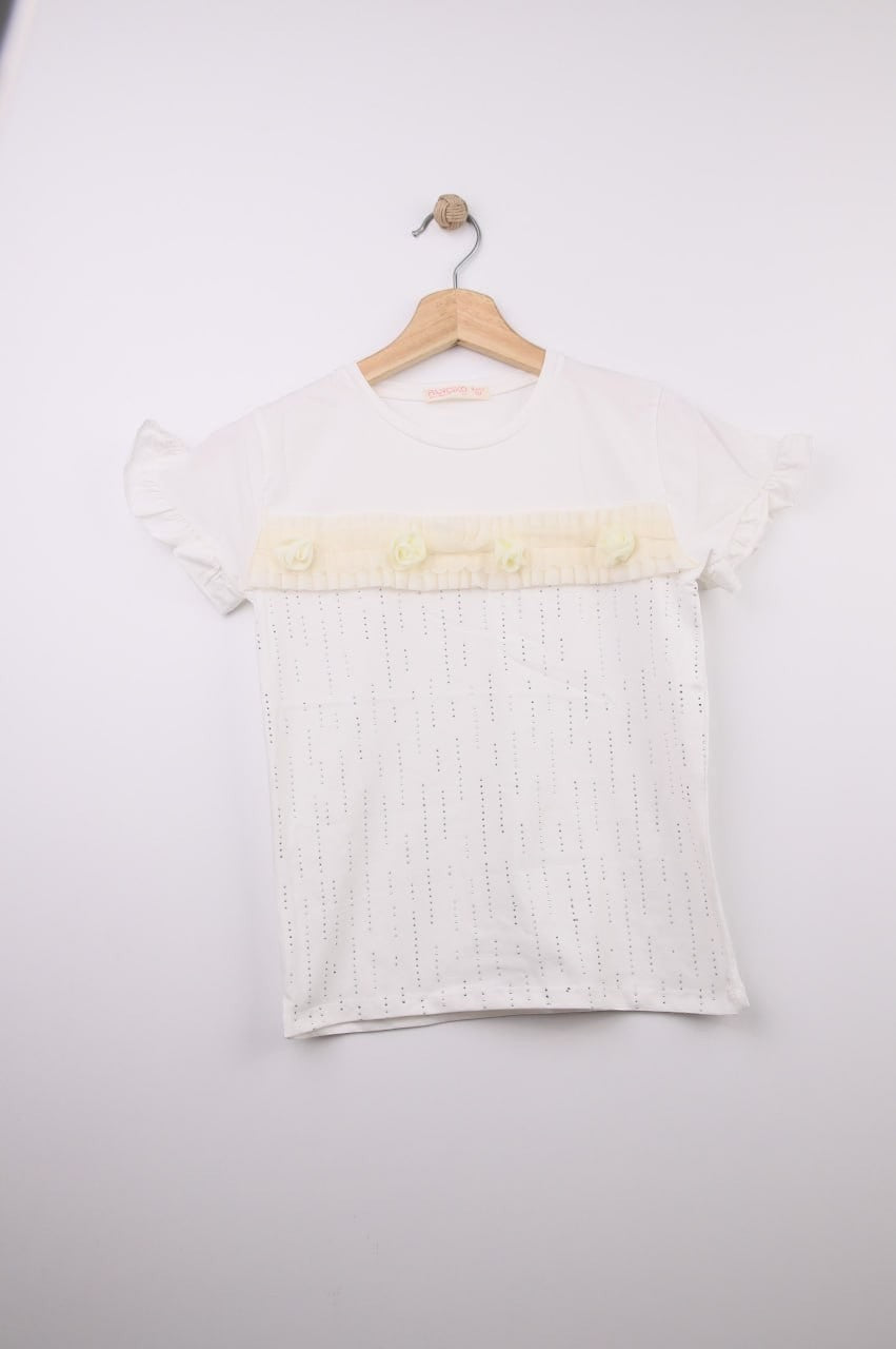 The Nile Luxuries white cotton t-shirt with ruffled sleeves, floral embellishments, and perforated stripes.